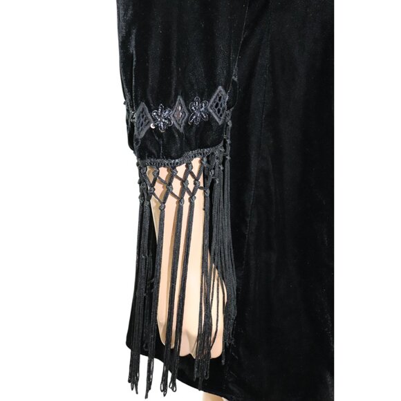 ZARA Black Velvet Embroidered Beaded Embellished Mini Dress Fringe Sleeves S - Picture 6 of 8